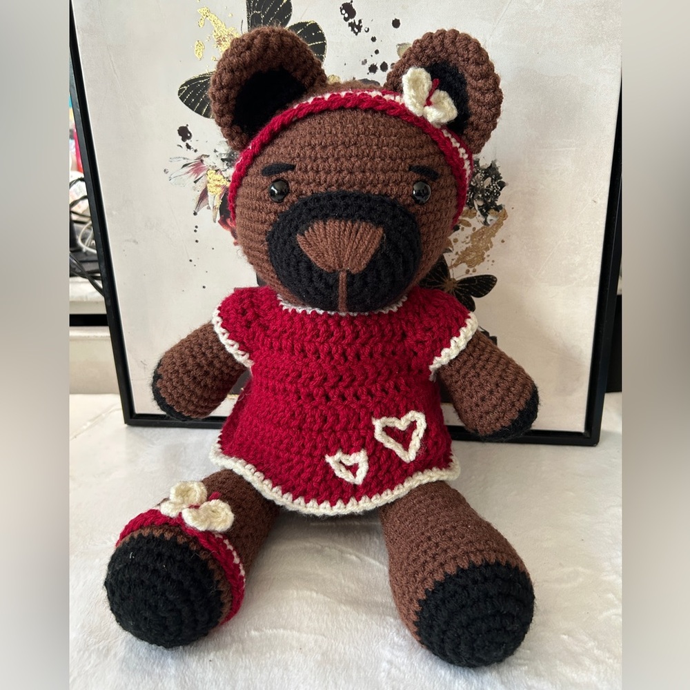 Crochet Teddy Bear with Red Dress+ Butterfly accessories -Handmade